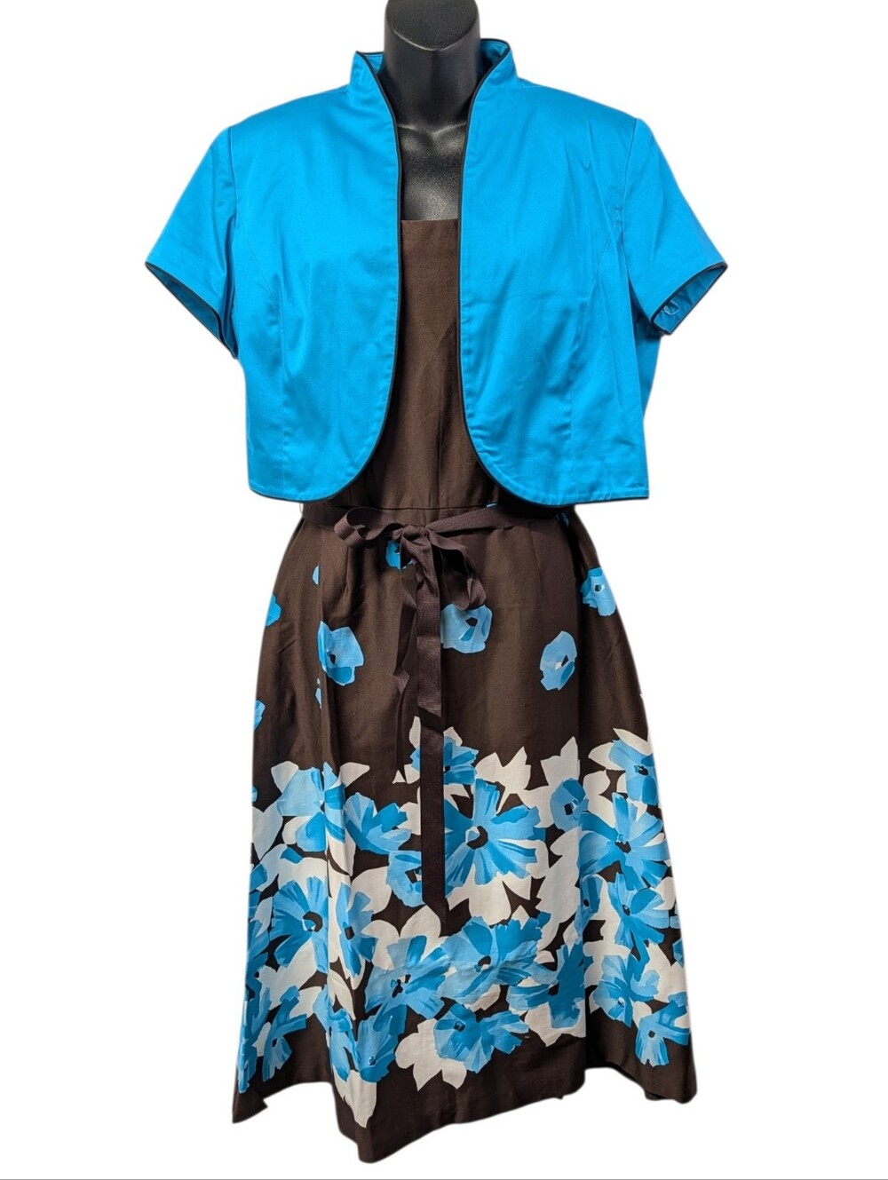 Studio I Womens Brown Blue White Floral 2 Pc Satin Dress Jacket Set Sz 12 NWOT